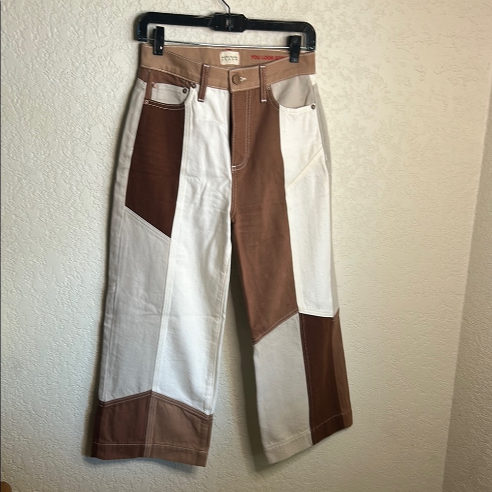 Alice + Olivia Two Tone Brown and White Patchwork Gaucho Pants